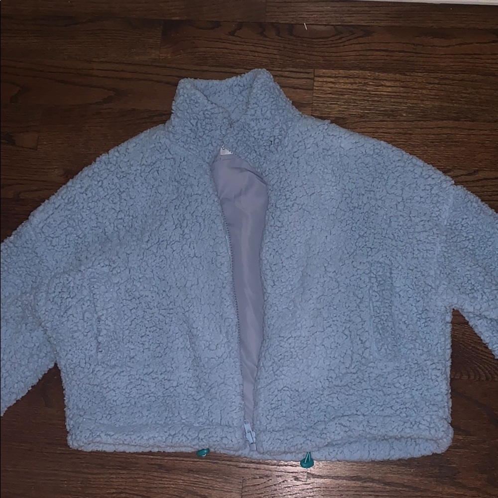 UO Willow Fuzzy Blue Drawstring Teddy Jacket
